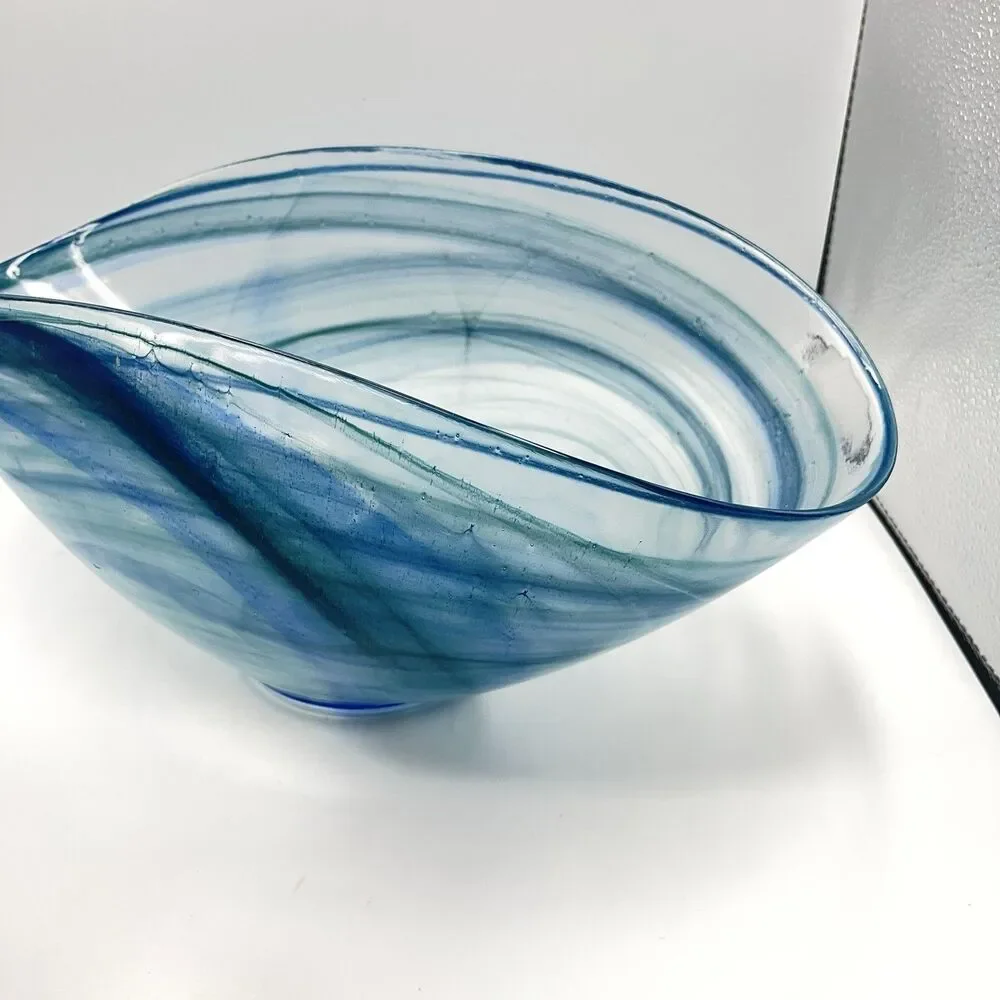 14"x7" Oval Blue Folded Satin Glass Bowl Lines Swirls - Picture 15 of 16